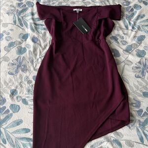 Fashion Nova Asymmetrical Off-Shoulder Wine Dress